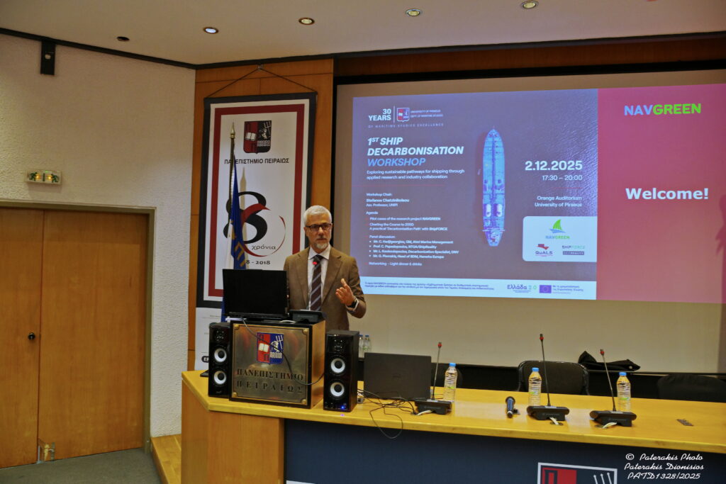 Ass. Prof. Stefanos Chatzinikolaou opening the 1st Ship Decarbonisation Workshop at UniPi.